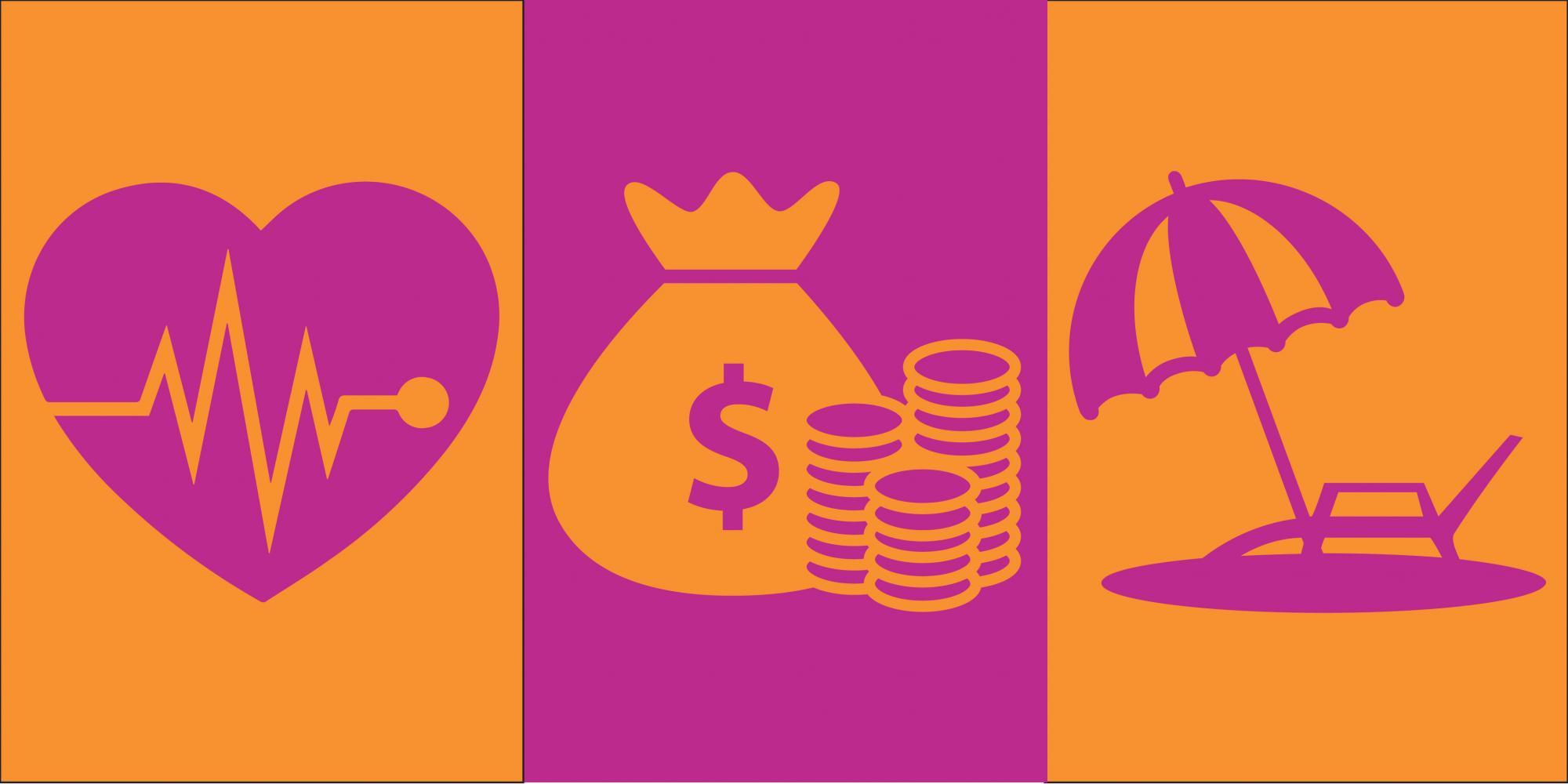 Heart icon, money icon, umbrella icon in orange and magenta