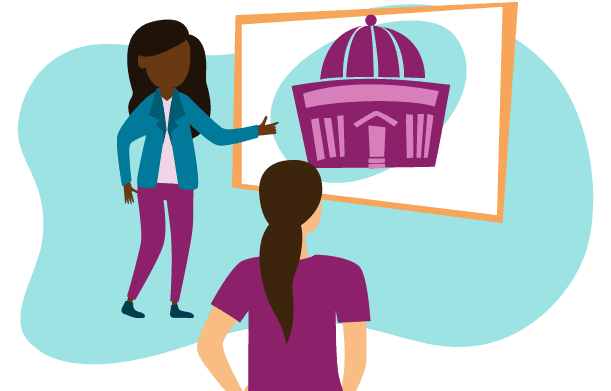 Illustration of a woman showing another woman a picture of a building