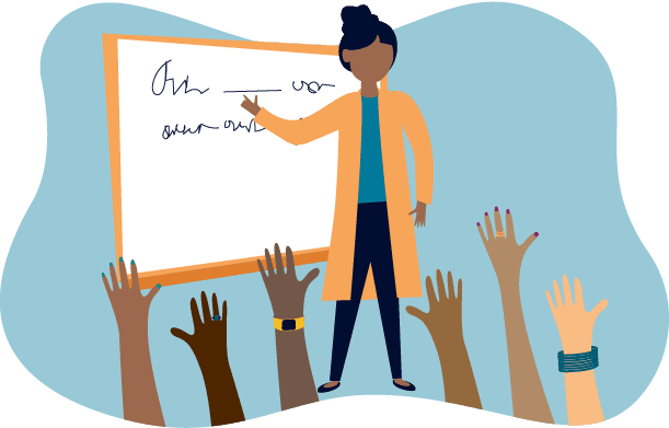 Illustration of a woman in front of a white board with hands raised