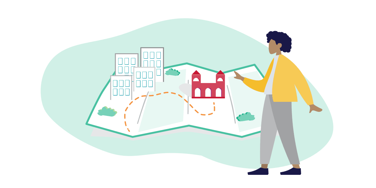 Illustration of a person walking in front of a map of the city