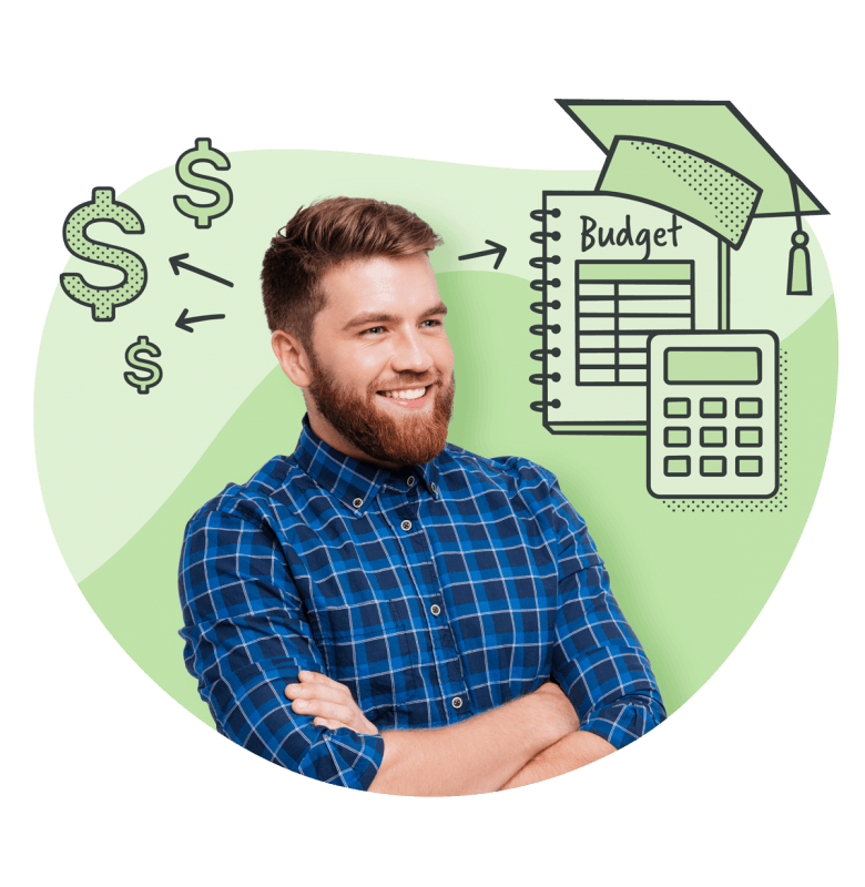Photo of a man with illustrated dollar signs, calculator and budget around him