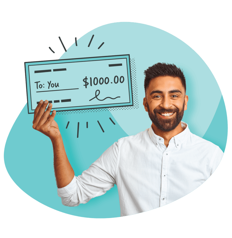 Photo of man in a white button up shirt holding a large, hand-drawn illustration of a check for $1000 