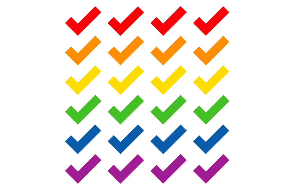 Rows of the TEACH logo checkmark. Each row is a different rainbow color, from red to purple. 