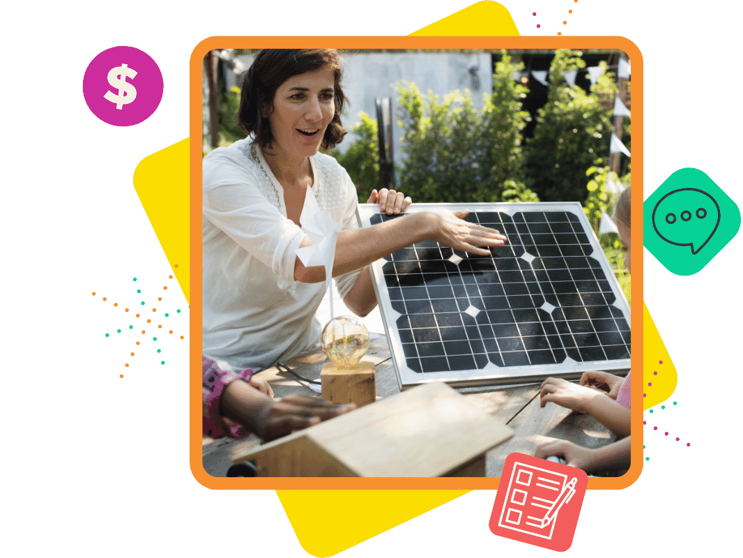 A science teacher sits outdoors with students, holding a solar panel in front of her. Around the photo are graphics of a dollar sign, a speech bubble and a checklist.