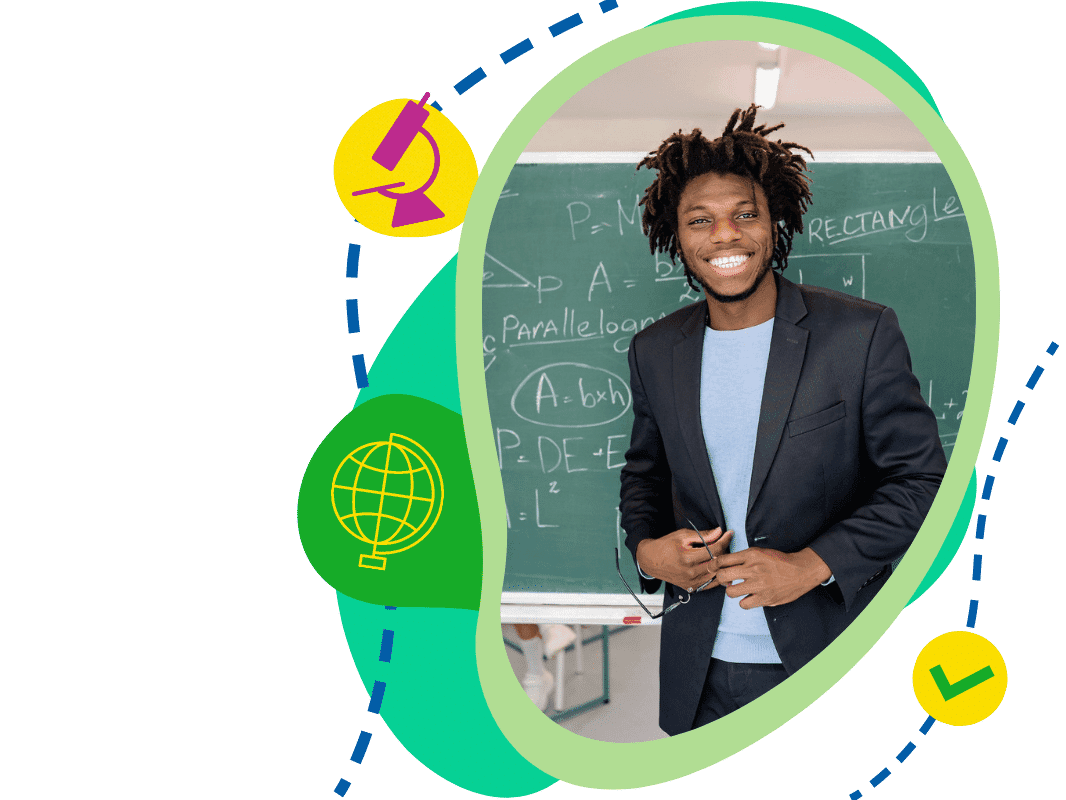 A future teacher smiles widely in front of a chalkboard. Around him are graphics of a globe, a microscope and a checkmark. 