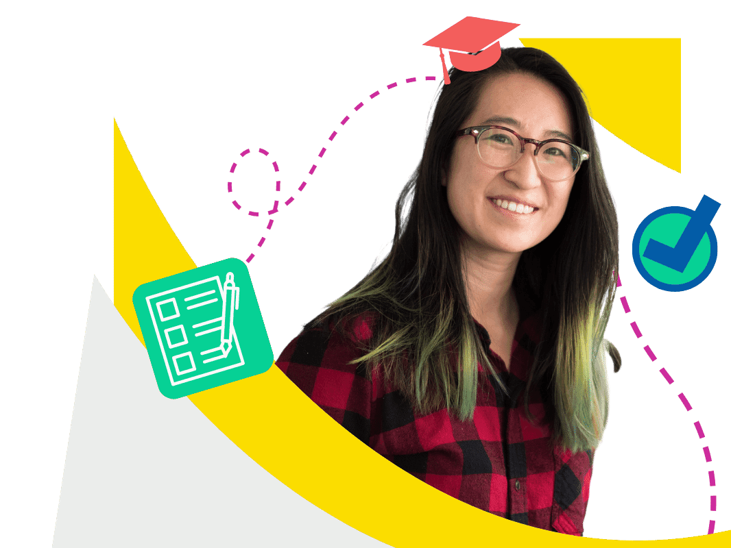 A smiling future teacher with long hair and glasses. Graphics of a checklist, graduation cap and a checkmark float around her face.