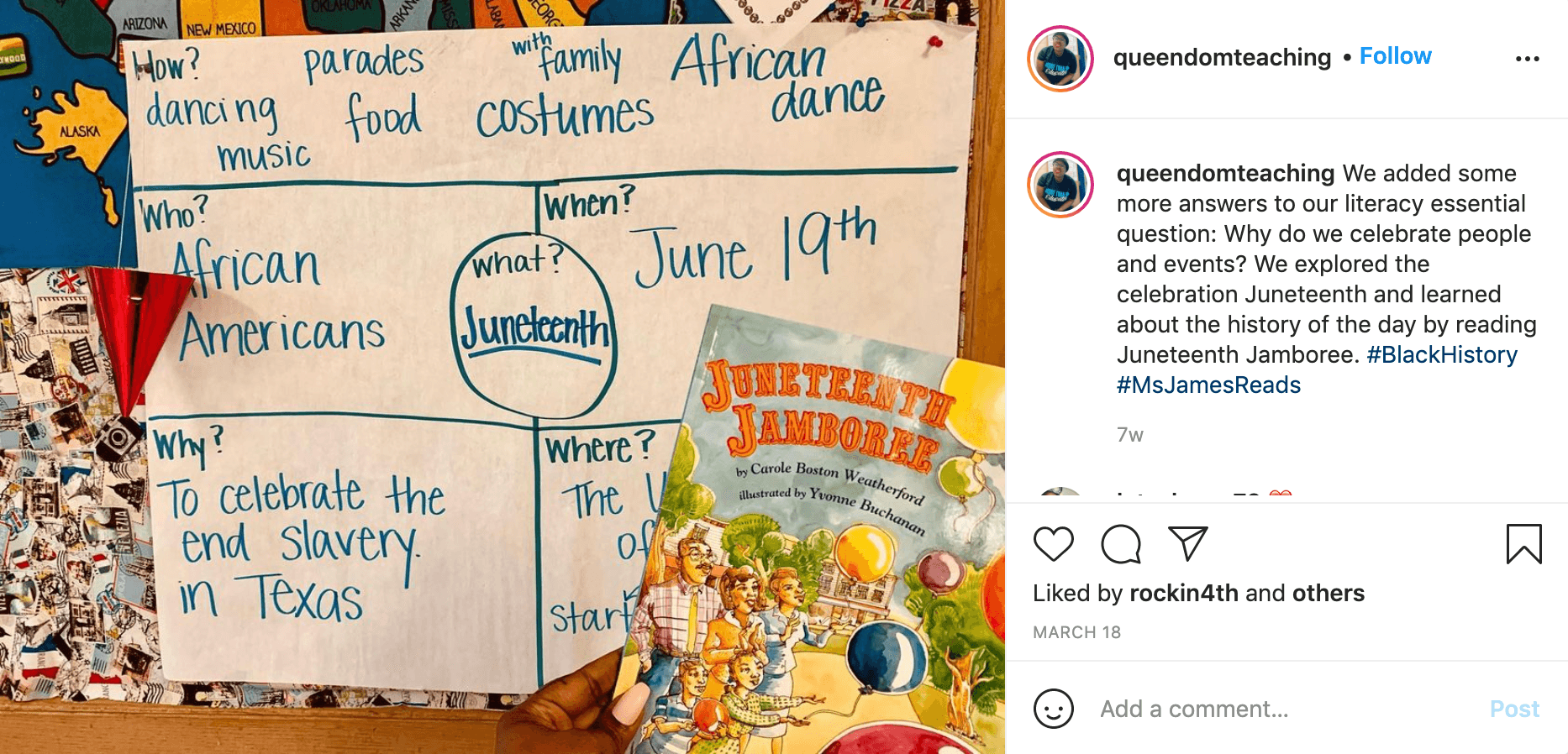 An Instagram post from Dawnavyn James, showing a classroom poster about Juneteenth, with the children's book, "Juneteenth Jamboree." The caption says, "We added some more questions to our literacy essential question: Why do we celebrate people and events? We explored the celebration Juneteenth and learned about the history of the day by reading Juneteenth Jamboree."