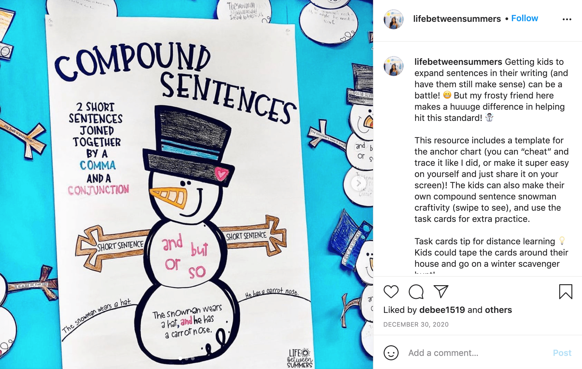 An Instagram post from Shannon Olsen, showing a poster with the heading "Compound Sentences." A drawing of a snowman helps illustrate the concept. An excerpt from the caption says, "Getting kids to expand sentences in their writing (and still have them make sense) can be a battle! But my frosty friend here makes a huuuge difference in helping hit this standard! This resources includes a template for the anchor chart!"