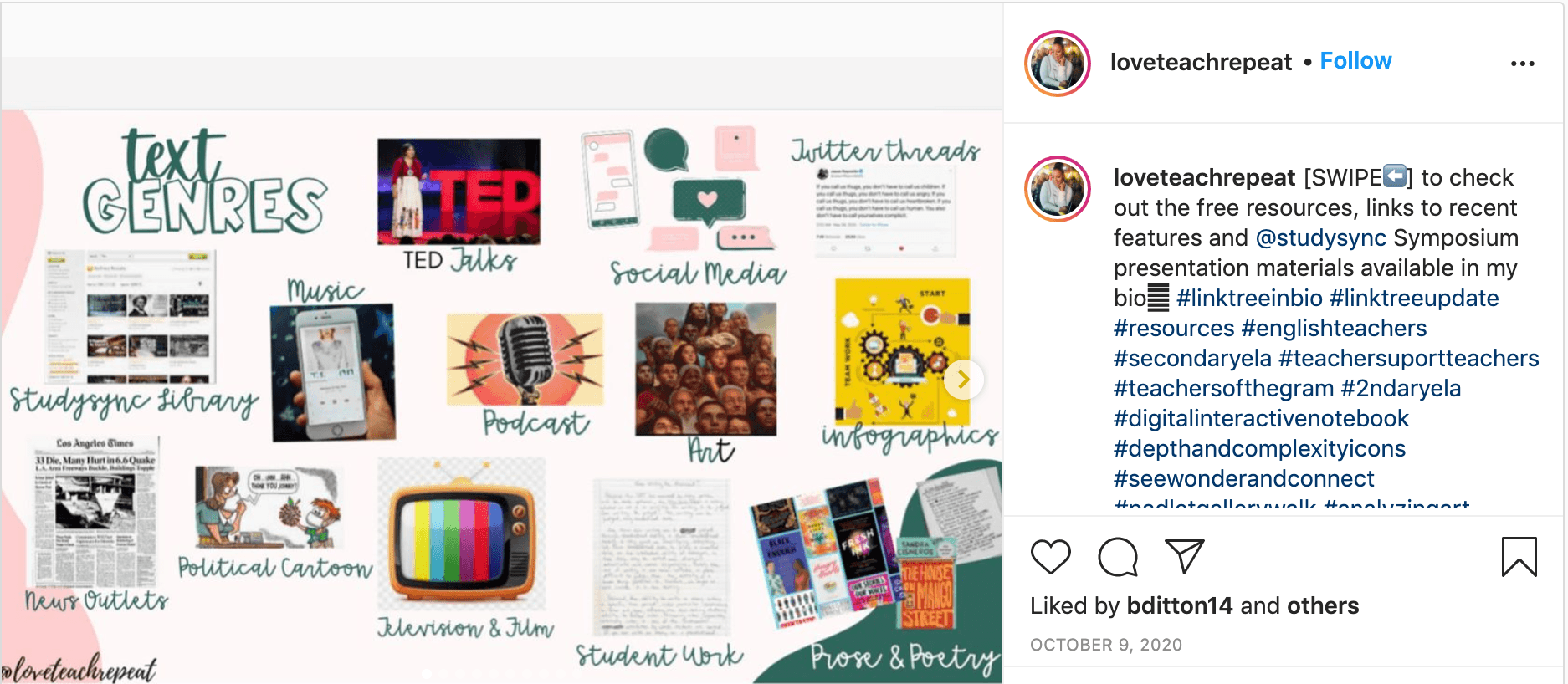 An Instagram post from Vennieta Grant, showing different text genres, such as political cartoons, podcasts, music and TED talks. The caption says, "Swipe to check out the free resources, links to recent features and StudySync Symposium presentation materials available in my bio."